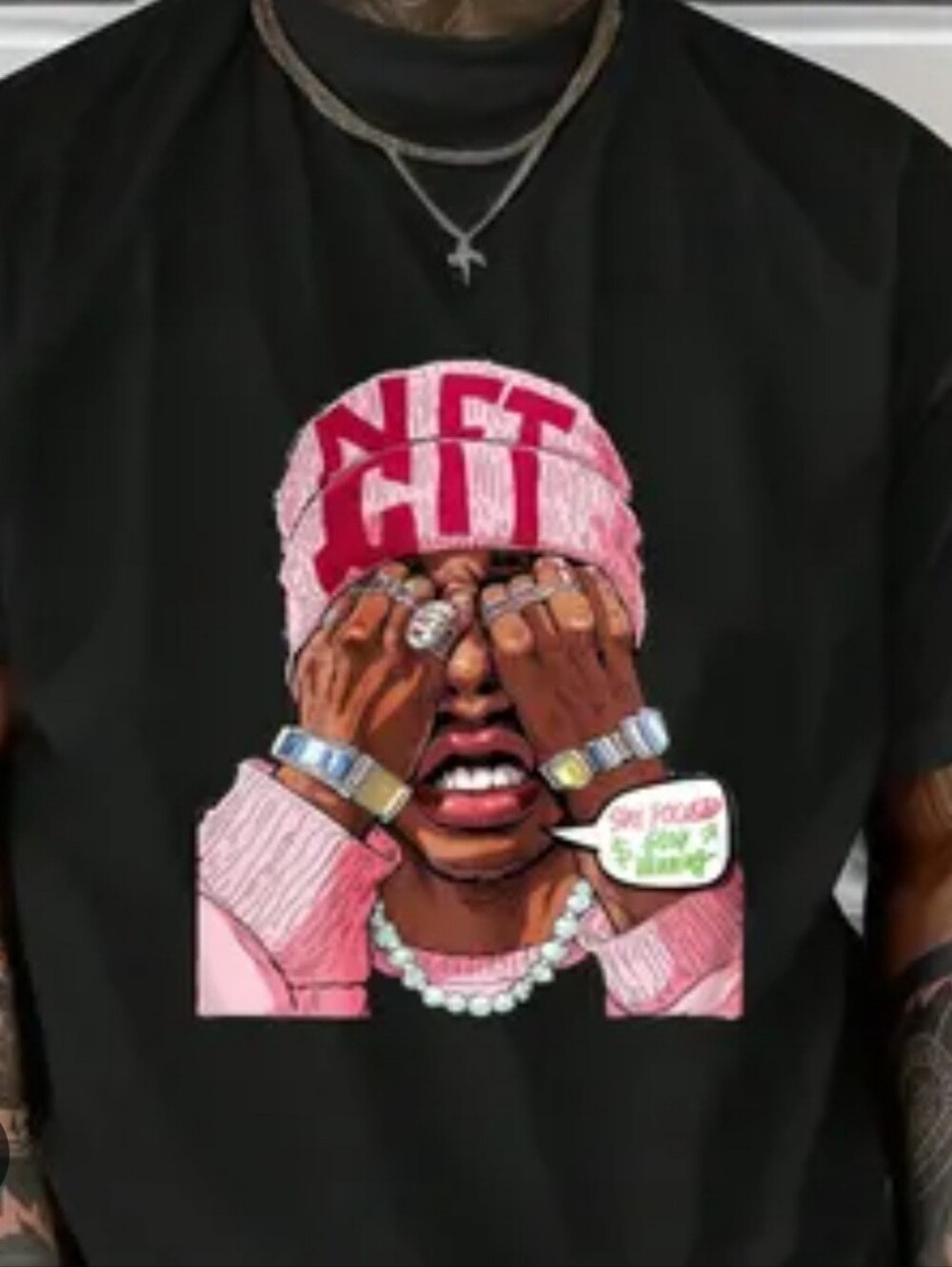 Graphic Black Tee with Pink Cartoon Face Design